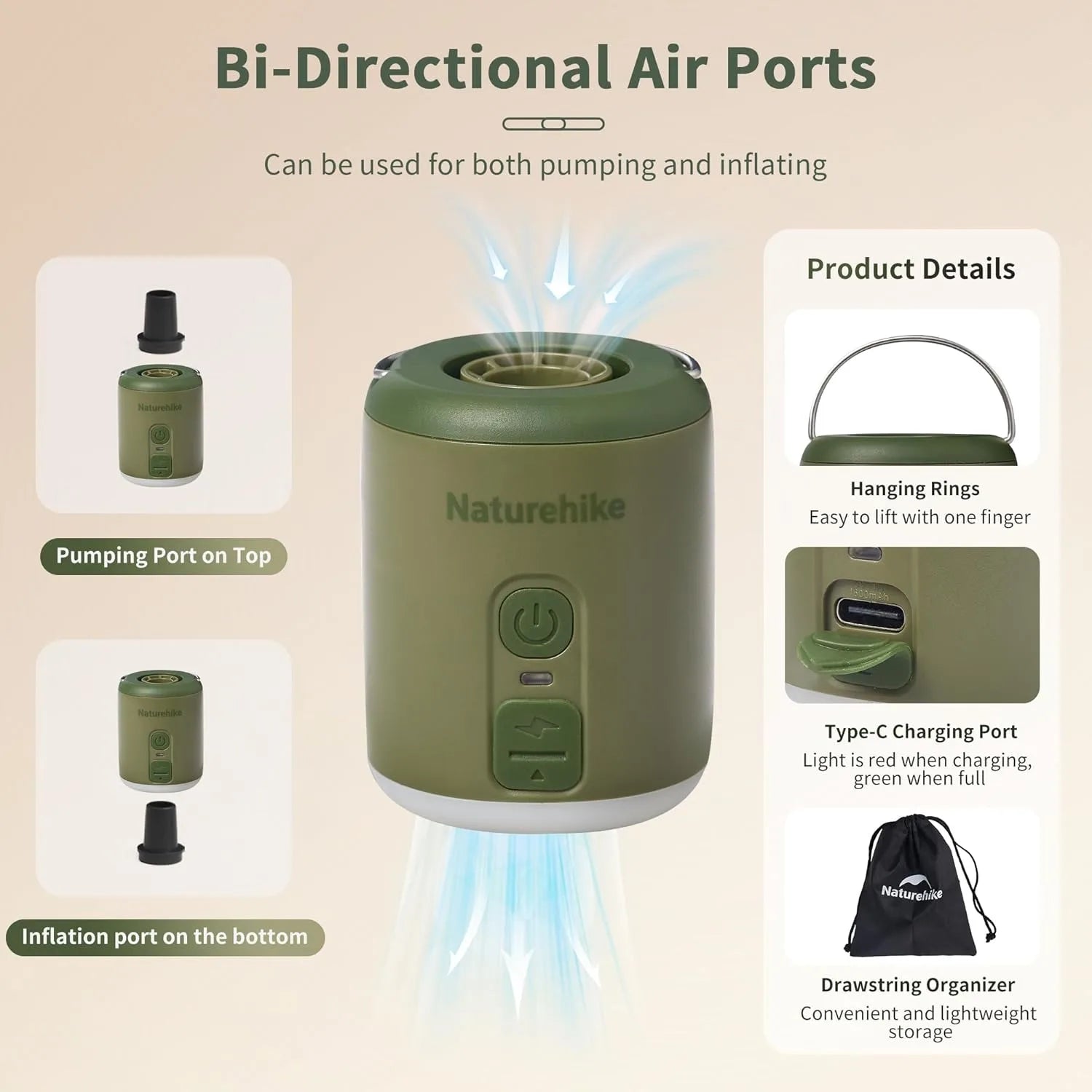 Naturehike Multi-function Air Pump Outdoor Mini Portable Fast Charge Air Pump For Inflatable Mat Travel Camping Pump