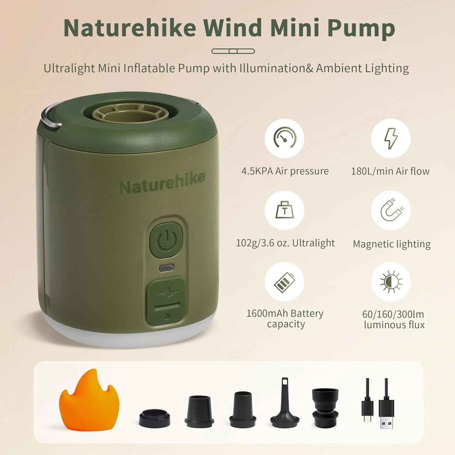 Naturehike Multi-function Air Pump Outdoor Mini Portable Fast Charge Air Pump For Inflatable Mat Travel Camping Pump