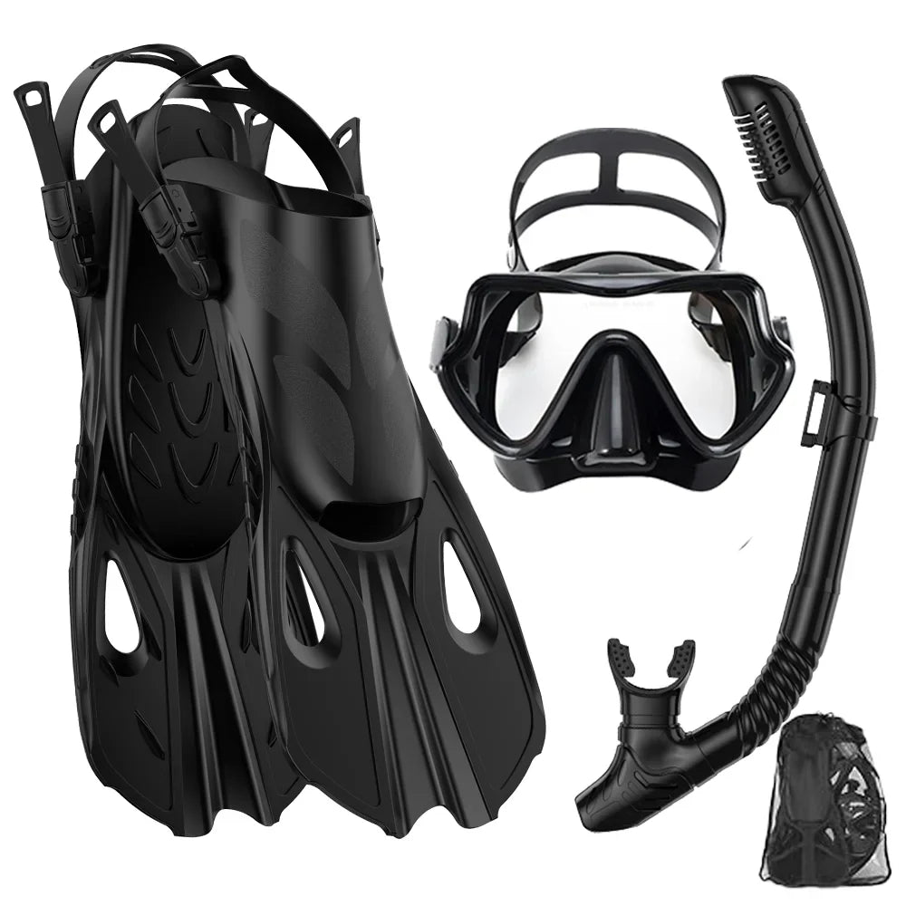 Mask Fin Snorkel Set Snorkel Gear for Adult Panoramic View Snorkel Mask Adjustable Dive Flipper Dry Top Snorkel and Travel Bag