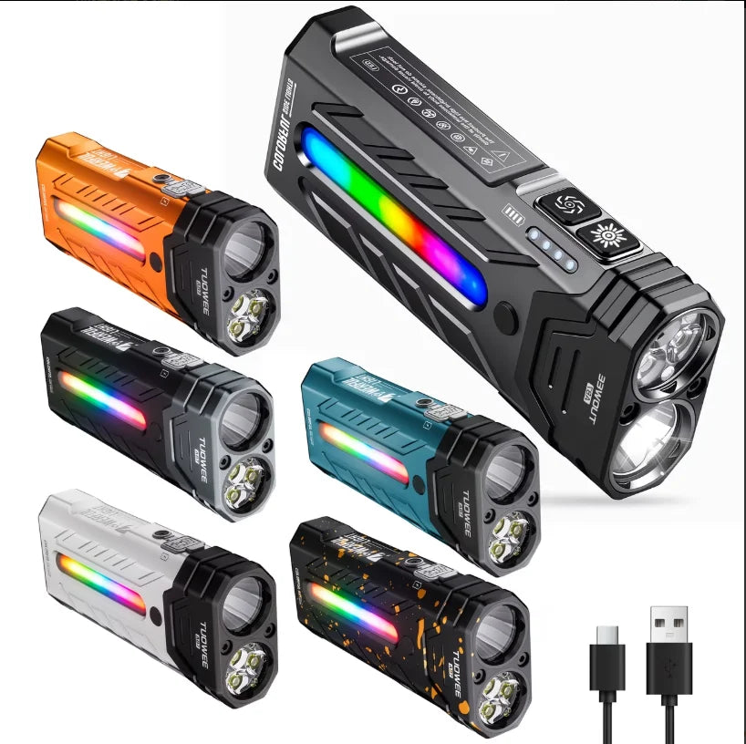 5000LM Rechargeable Magnetic LED Flashlight, 55 Modes, RGB Ambient Light, Spotlight & Floodlight, for Camping Hiking Emergency Use Gift Pack Version