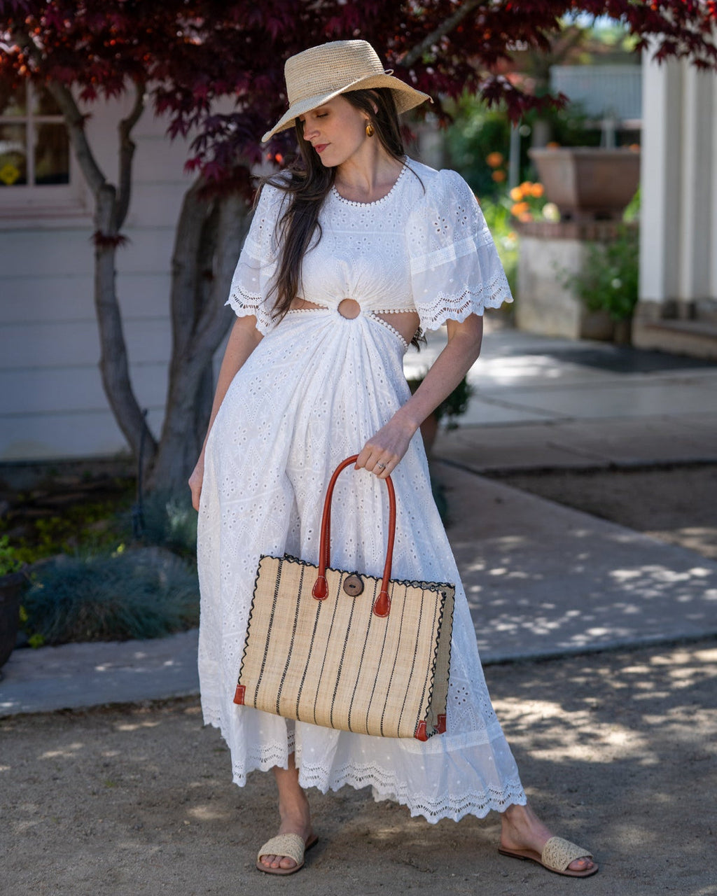 Zafran Pinstripes Raffia Straw Beach Bag - 3 Sizes