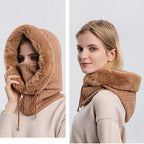 Winter Women 3 in 1 Knitted Ski Hat With Scarf Neck Warmer Fleece Lined Hood Face Mask Adult Balaclava For Outdoor Sports Balaclava Wind-Resistant Winter Face Mask Fleece Ski Mask for Men and Women Warm Face Cover Hat Cap Scarf